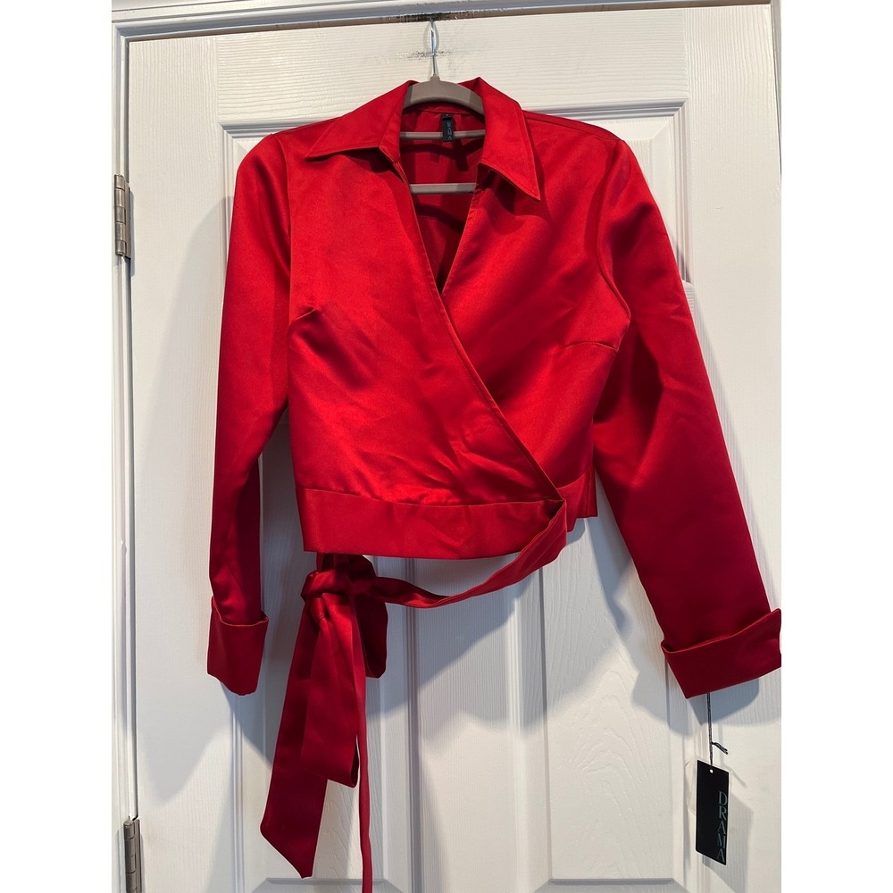 DRAMA Red Satin Wrap Top Collared Long Sleeve Cropped Blouse Size‎ 8 NWT